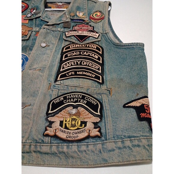 Vintage 90s Men’s Harley Davidson Denim Vest Large Patches 33 Patches + Pins - Picture 3 of 16